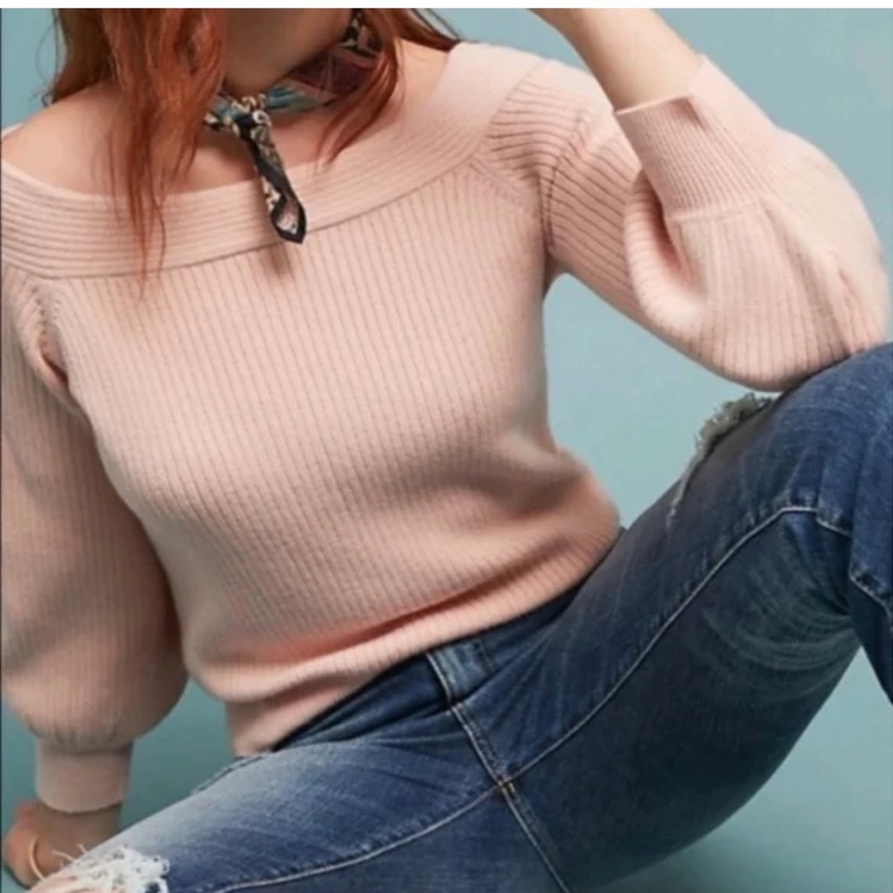 ANTHROPOLOGIE Moth Pink Off-the-Shoulder Sweater, with Balloon Sleeves